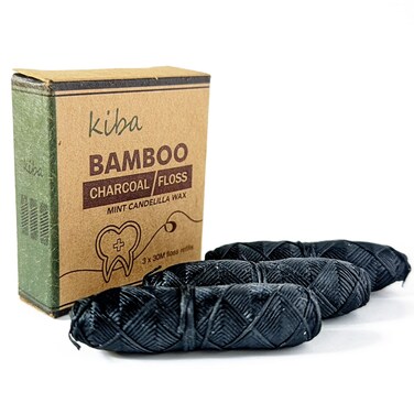 Kiba Bamboo Charcoal Floss 3 Piece Refill Set 3 x 30M Dental Floss Refills  Eco Friendly Floss wCandelilla Wax  Mint  Vegan