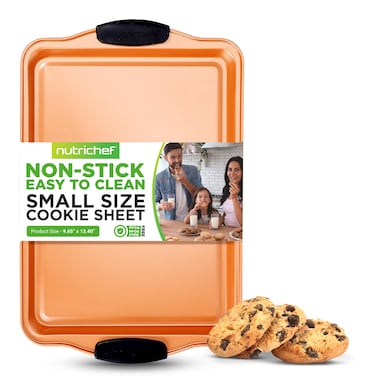 NutriChef 13 Non Stick Cookie Sheet Small Copper Commercial Grade Restaurant Quality Carbon Metal Bakeware with Black Silicone Handles Compatible with Model NCSBS3S45 NC5PCS