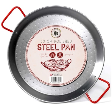 Gourmanity 12 inch Carbon Steel Paella Pan 30cm Polished Steel Large Skillet From Spain Great for Paella Parties Indoors Outdoors Camping  More Imported Spanish Paellera Made by Garcima