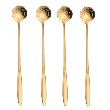 16 Pieces Flower Spoon Coffee Teaspoon 7 Inch Set Stainless Steel Long Handle Spoon Stir Bar Spoon Stirring Spoon Ice Cream Spoon Gold Rose Shaped