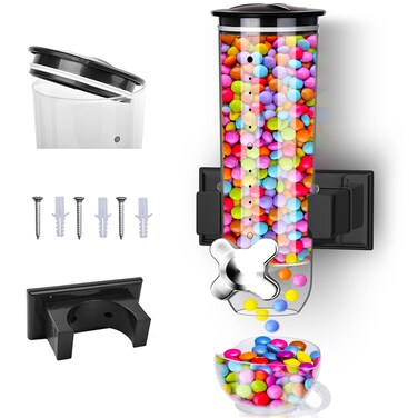 Cereal Dispenser Food Dispenser Wall Mounted Grain Dispenser Storage Containers with Cup Single Control Candy Dispenser for Storing Snack Nut Coffee Beans Kitchen Dry Cereal Dispenser Black 15 L