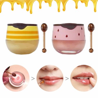 2PCS Bee Lip Balm Honey Pot Honey  Strawberry Propolis Moisturizing Hydrating  Prevention Dry and Cracked Lip Scrubs Exfoliator