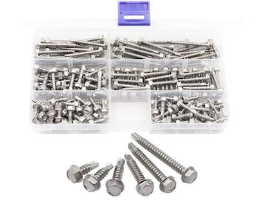 LBY 190pcs 8 x 12  8 x 112 410 Stainless Steel Hex Washer Head Self Drilling Sheet Metal Screws 6 Sizes Self Driller Tek Screws Assortment Kit Silver
