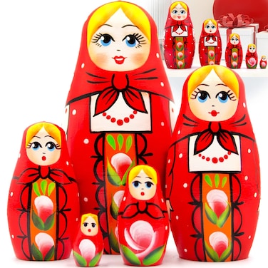 AEVVV Russian Nesting Dolls Set 5 pcs  Matryoshka Dolls with Traditional Red Russian Sarafan  Babushka Dolls  HandPainted Wooden Nesting Doll