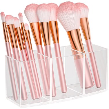 BOCONY Clear Makeup Brush Organizer Acrylic Cosmetic Brushes Storage with 3 SlotsPerfect Pen Holder for Desk