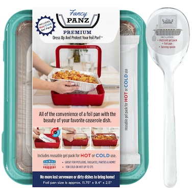 Fancy Panz Premium Dress Up  Protect Your Foil Pan Made in USA HotCold Gel Pack One Half Sized Foil Pan  Serving Spoon Included Stackable for easy travel Aqua