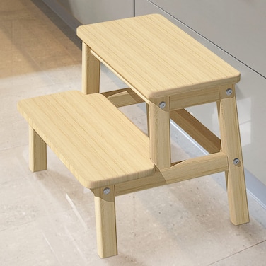 HOUCHICS Wooden Step Stool for Adults Kids Solid Wood Bed Step Stool MultiPurpose 2Step Stool for Kitchen Bed Bathroom with 260lb Load Capacity