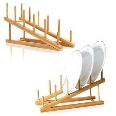 TIEDailyNec 2 PCS Wooden Dish Rack Bamboo Drying Rack Stand Pot Lid Holder Kitchen Cabinet Organizer for Dish Plate Bowl Cup Pot Lid Cutting Board