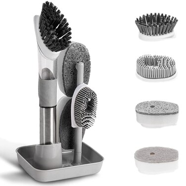 QUTHZZHY 4in1 Dish Cleaning Brush Soap Dispensing Dish Brush Set with 4 Replacement Heads and Storage Holder Kitchen Scrub Brush for Dish Pot Pan Sink Cleaning Grey
