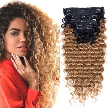Deep Wave Clip In Hair Extension Human Hair Feeling Double Weft Hairpiece Synthetic For Women Thick Ombre Hair Extension Clips Natural Looking 24 InchT1B27