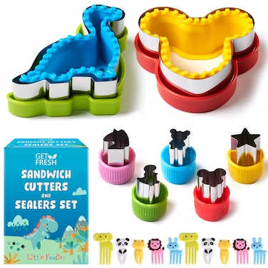 GET FRESH Sandwich Cutters and Sealers for Children  17pcs Stainless Steel Sandwich Sealers and Veggie Cutters for Kids  Dino Mouse Metal Bread Decrusters 5 Vegetable Shapes 10 Animal Food Picks