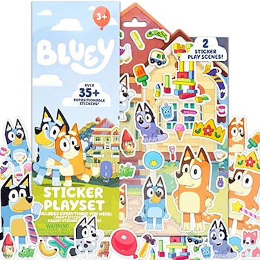Horizon Group USA Bluey Sticker Playset 2 Sticker Play Scenes 35 Reusable Puffy Bluey Repositionable Stickers for Kids Perfect for Travel ScreenFree Fun