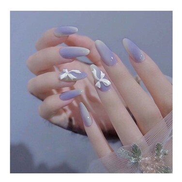 Glossy Long Press On Nails With DesignsBowknot Fake Nails Full Cover Gradient Blue Nails for Women and Girls24pcs Artificial Acrylic Nails