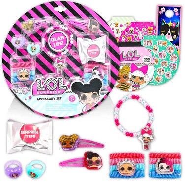 L O L LOL Dolls Accessory Set for Girls 16 Pc Bundle with LOL Dress Up Accessories for Kids and Toddlers 300 Stickers and Door Hanger LOL Dolls Party Favors Lol Dolls gift set