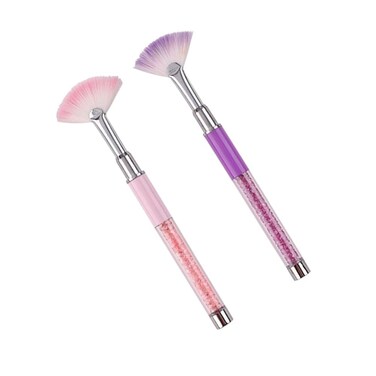 Purple Pink Fan Shape Nail Brush with Rhinestone Handle Glitter Art Drawing Fan Pen Liner Brush Dust Powder Remover Nail Brush 2 Pack