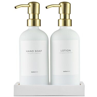 MaisoNovo Soap and Lotion Dispenser Set  169 fl oz White Hand Soap Dispenser Glass with Gold Pump Set of 2 and Concrete Tray