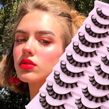 Riya Eyelashes Russian Strip Lashes Natural Wispy Fluffy 3D Effect Hybrid Strip Lashes Fake Eyelashes 10 Pairs Pack sj09