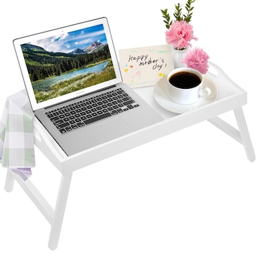 Bed Tray Table with Handles Folding Legs Bamboo Breakfast Food Tray with Media Slot for PlattersLaptop DeskSnackTV Tray Kitchen Serving Tray