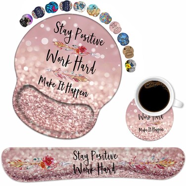 LOWORO Keyboard Wrist Rest and Mouse Pad Support Set with Coasters Inspirational Quote Stay Positive Work Hard Make It Happen NonSlip PU Base for Computer Laptop Home Office