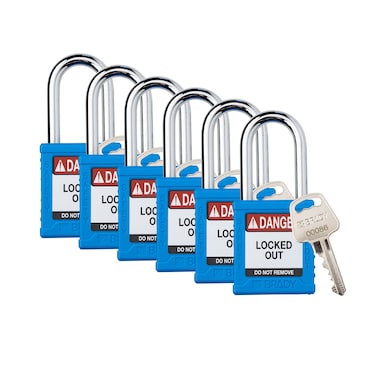 Brady Safety Lockout Padlock Sets  6 Pack  Blue  Keyed Different Safety Lockout Padlocks  1 Key Per Lock  SDPLBLU38STKD6