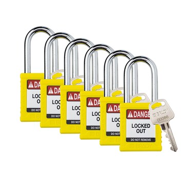 Brady Safety Lockout Padlock Sets  6 Pack  Yellow  Keyed Different Safety Lockout Padlocks  1 Key Per Lock  SDPLYLW38STKD6
