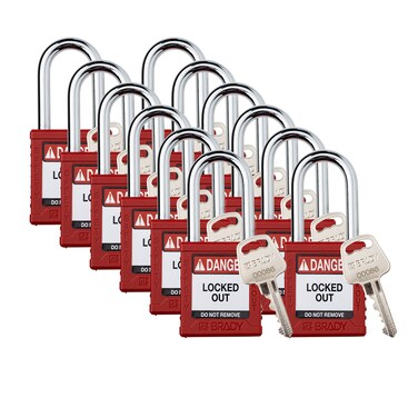 Brady Safety Lockout Padlock Sets  12 Pack  Red  Keyed Different Safety Lockout Padlocks  1 Key Per Lock  SDPLRED38STKD12