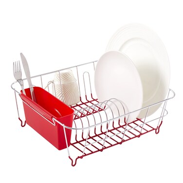 Sweet Home Collection Metal 2 Piece Dish Drying Rack Set Drainer with Utensil Holder Simple Easy to Use Fits in Most Sinks 145 x 13 x 525 Red