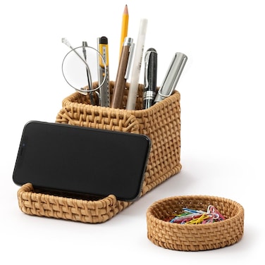 GAIAMADE Pen Holder with Phone Stand and Paper Clip Holder Bundle Wicker Pencil Holder and Paper Clip Cup Pencil Holder with Cell Phone Stand for Office Desk Organization and Home Decoration