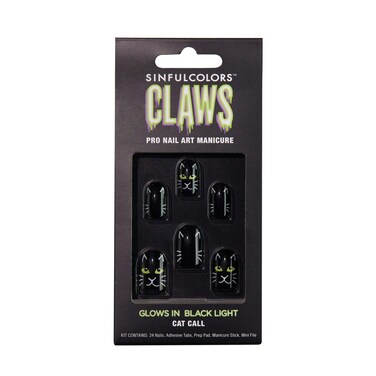 Sinful Colors 1 Box CLAWS Pro Nail At Glows in the Dark False Nails  Black Nails with Green Cat Ears Whiskers  Cat Call