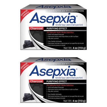 Asepxia with Activated Charcoal Purifying Effect Acne Treatment Bar Soap with Salicylic Acid 4 Ounce Pack of 2