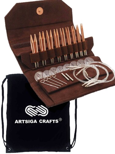 Lykke Cypra 35Inch 9cm Interchangeable Circular Knitting Needle Set Polished Copper US Sizes 3 4 5 6 7 8 9 10  105 Brown Vegan Suede Case Bundled with 1 Artsiga Crafts Project Bag