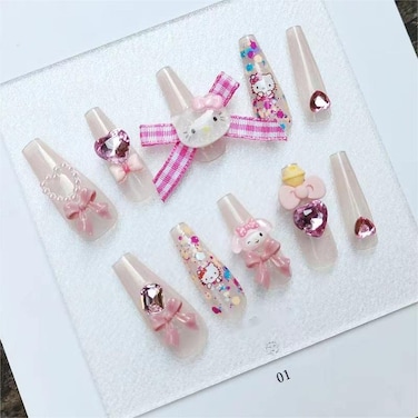 Y2K Pink Rabbit Rhinestone Heart Press on Nails Long Ballet Trapezoid Fake Nails