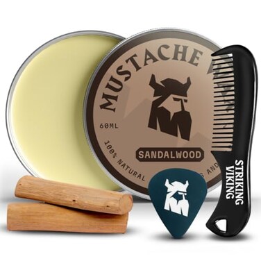 Striking Viking Mustache Wax  Comb Kit  Beard  Moustache Wax For Men With Strong Hold Natural Beeswax  Helps Tame Style  Groom Sandalwood Scent 2 Ounce Size  Mustache Styling Wax  Mens Comb