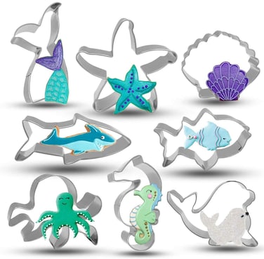 Bonropin Under The Sea Creatures Cookie Cutter Set  8 Piece Stainless Steel Cutters Molds Cutters for Making Shark Mermaid Tail Seahorse Starfish Seashell Octopus Clownfish Seal