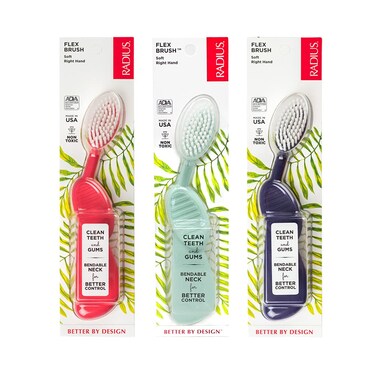 RADIUS Flex Brush BPA Free  ADA Accepted Toothbrush Designed to Improve Gum Health  Reduce Gum Issues  Right Hand  PurpleWatermelonMint Green  Pack of 3