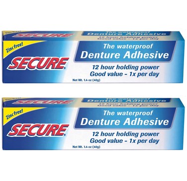 Secure Waterproof Denture Adhesive  Zinc Free  Extra Strong Hold For Upper Lower or Partials  14 oz Pack of 2