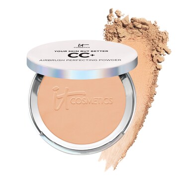IT Cosmetics CC Airbrush Perfecting Powder Foundation  Buildable Full Coverage Of Pores  Dark Spots  Hydrating Face Makeup with Hydrolyzed Collagen  Niacinamide  Medium  033 Oz
