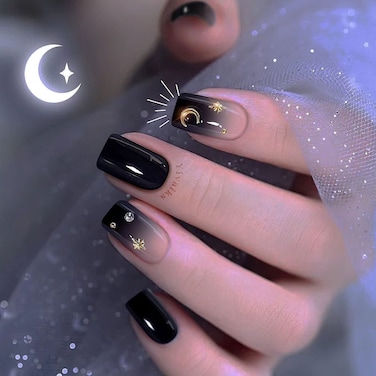 Yivaiks Star Black Press on Nails Short Goth Fake Nails with Glue on Nails Gradient Star Moon Finger False Nail Art for Women and GirlsBlack Square 24pcs