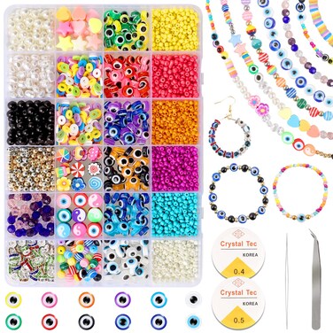 KAMJUNTAR 2989PCS Evil Eye Beads for Jewelry Making3mm Seed Beads Polymer Clay Beads for Bracelets Making Gold Pearl Colorful Flower Spacer Kandi Beads for Crafts DIY Bracelet