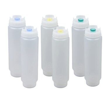 FIFO Squeeze Bottle Refillable 16 oz  2 Green 2 Yellow 2 Blue Tip Small Valve Dispenser for Thin Condiments Sauces Batter and Dressing  Self Sealing No Drip No Hassle  Variety Pack  6 Pack