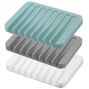 Self Draining Soap Dishes 3 Pcs Silicone Soap Saver Waterfall Drainer Soap Holder for Bathroom Extend Soap Life Keep Soap Bars Dry Clean  Easy Cleaning White Gray Teal