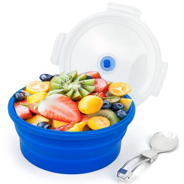Lunbengo 1200ml Large Collapsible Lunch Bowl With Lid Camping Bowls with Foldable Spoon Silicone Bento Box For Meal Prep  Food Storage Space Saving In Cabinet Microwave Dishwasher Safe Blue