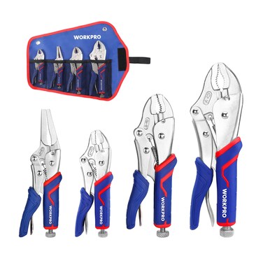 WORKPRO 4Piece Locking Pliers Set with Comfortable Grip 512 7 and 9 Curved Jaw Locking Pliers 612 Long Nose Locking with Storage Bag