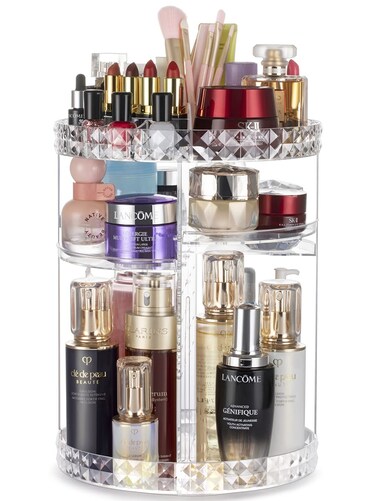 Argox 360 Rotating Makeup Organizer Clear Cosmetic Storage Display Case with Layers and Detachable Shelves for Bedroom Dresser Top Divided  Diamond Pattern