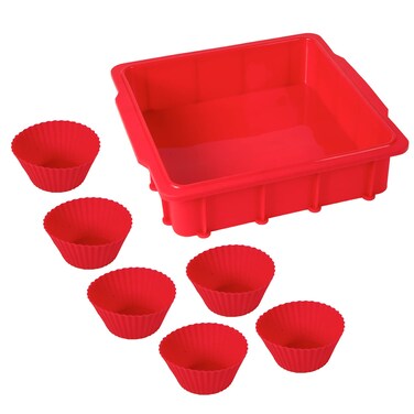 NuWave Silicone Baking Kit with 8x8inch Baking Pan  Reusable Cupcake Liners Red 7pc