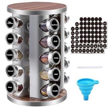 WAYDA Rotating Spice Rack Organizer 20 Jars Revolving Seasoning Organizer for Cabinet Stainless Steel Spice Tower for Kitchen Countertop with Reuseable Labels and Funnel