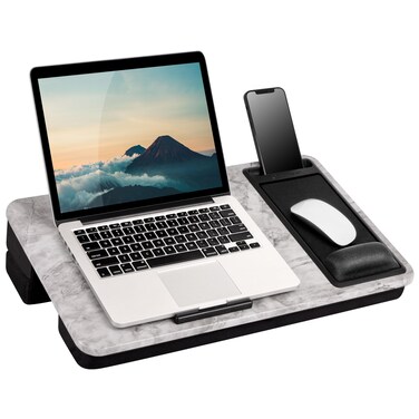 LAPGEAR Extra Large Adjustable Lap Desk with Gel Wrist Rest Mouse Pad Phone Holder Device Ledge and Booster Cushion  White Marble  Fits up to 173 Inch Laptops  Style No 88101