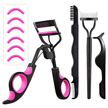Eyelash Curler Kit Docolor 4 in 1 Lash Curler Kit eyelash comb eyelash extension tweezers eyebrow brush and comb with 6 Extra Replacement Refill Pads Eyelash Applicator Makeup Tool