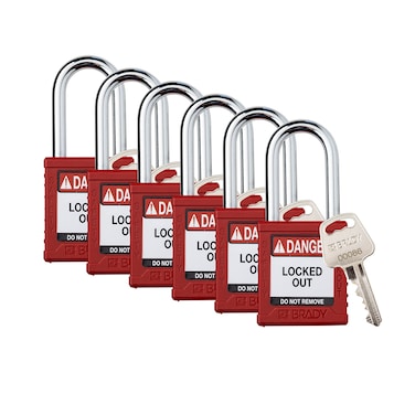 Brady Safety Lockout Padlock Sets  6 Pack  Red  Keyed Alike Safety Lockout Padlocks  1 Key Per Lock  SDPLRED38STKA6