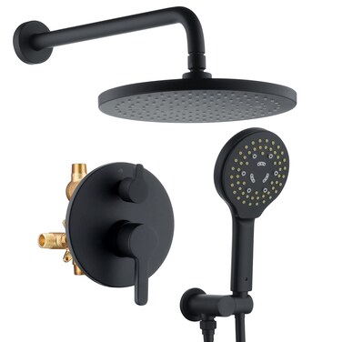 Lavatrum Matte Black Shower Faucet Set Wall Mount Rain Shower System 10 Inches and Handheld Shower Head Combination Included Roughin Valve and Trim Kit